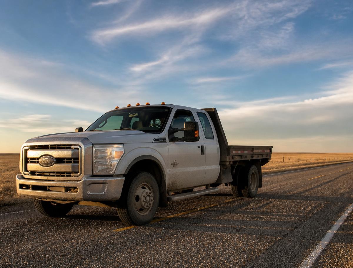 Flatbed pickup truck on a prairie highway near Saskatoon at golden hour